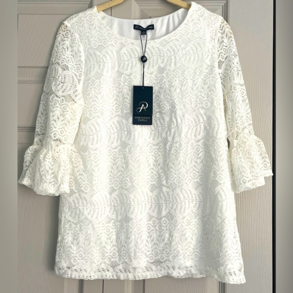 Adrianna Papell White Lace 3/4 Sleeve Knit Blouse Work Office Top Size Small NWT - Picture 1 of 7